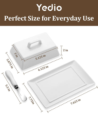 Yedio Large Butter Dish with Lid for Countertop, Porcelain Butter Keeper with Cover and Knife, Butter Holder Tray for 2 Sticks East Coast/West Coast/European Style Butter