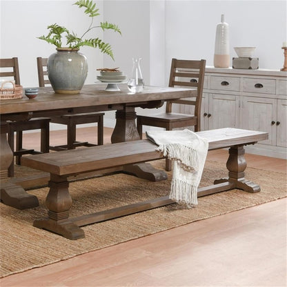 MAKLAINE 83" Transitional Reclaimed Pine Wood Bench, Weathered Brown Finish, Hand Carved Pedestal Base, Seats Up to 4, Rustic Kitchen or Dining Room Seating