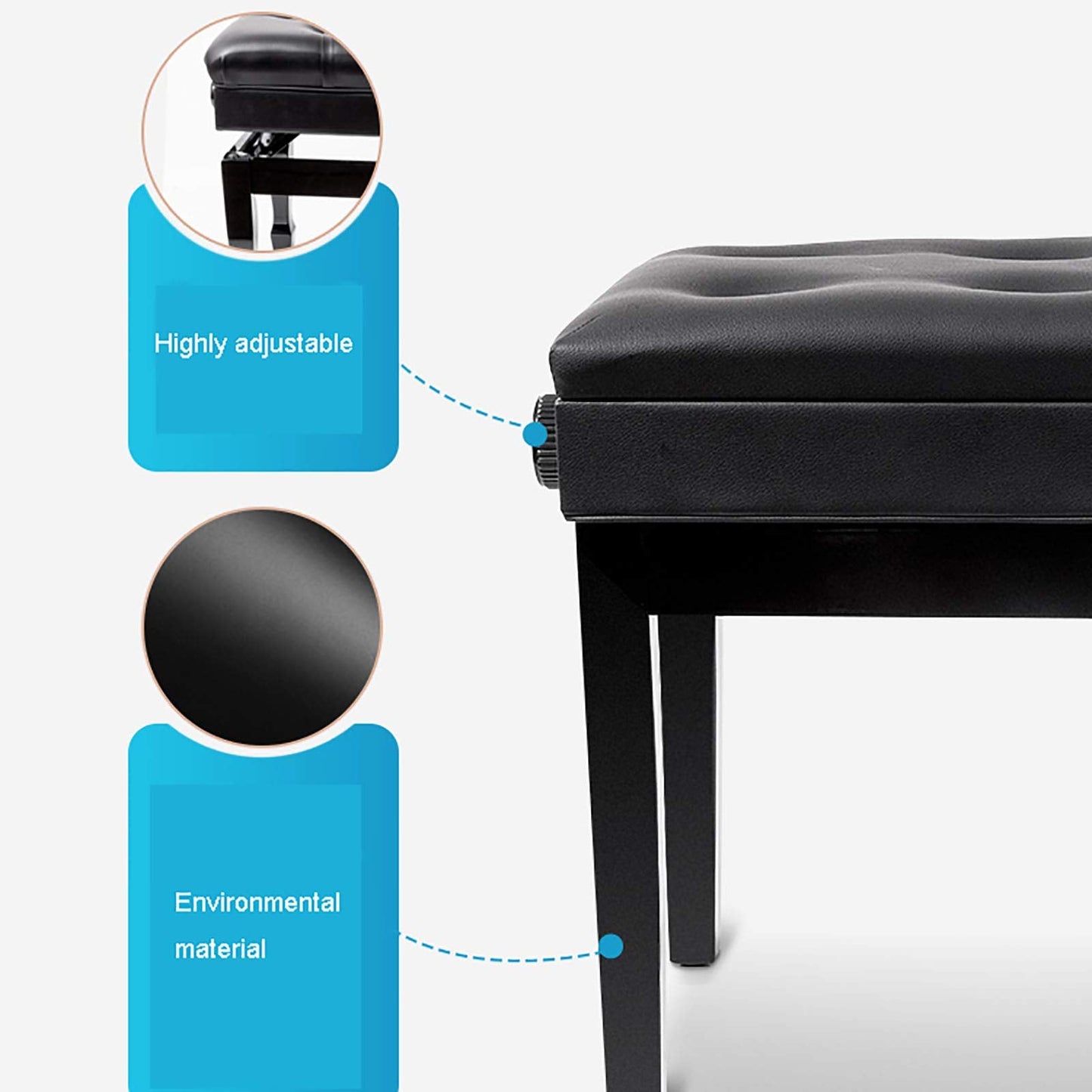 EliteBloom Luxury Leather Piano Bench with Height Adjustable Stool Sturdy Solid Wood Frame for Keyboard Players,