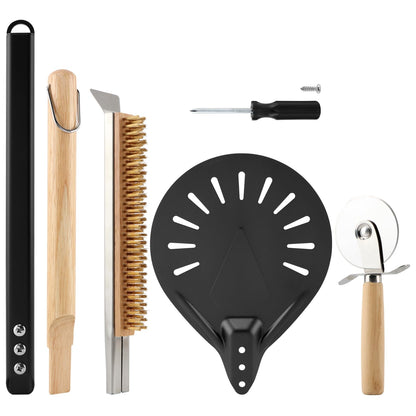 Pizza Oven Accessories Kit w/Pizza Oven Brush & Stone Scraper, 7.8inch Aluminum Perforated Long Handle Nonstick Pizza Turning Peel Cutter Wheel for Outdoor Homemade Baking Pizzas