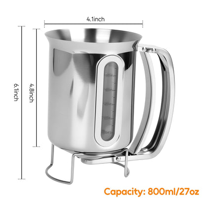 32oz 900ml Pancake Batter Dispenser, Stainless Steel Batter Dispenser with Handle, Visible Scale, Pancake Mix Dispensers for Funnel Cake, Pancakes, Cupcakes, Waffles, Crepes