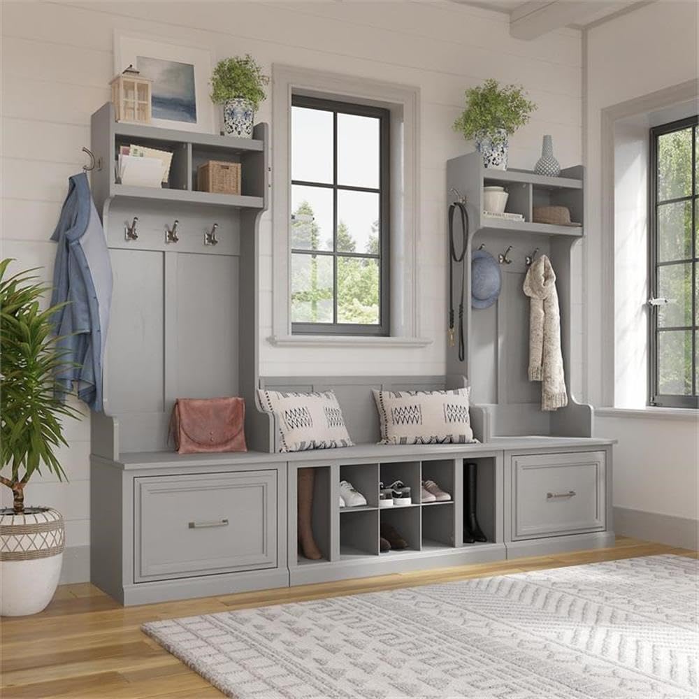 Bush Home Woodland Entryway Storage Set with Hall Trees and Shoe Bench with Drawers in Cape Cod Gray | Mudroom Organizer for Footwear, Clothing
