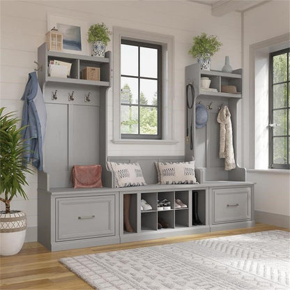 Bush Home Woodland Entryway Storage Set with Hall Trees and Shoe Bench with Drawers in Cape Cod Gray | Mudroom Organizer for Footwear, Clothing