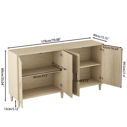 GDFStudio 70.08" Modern 4-Door Sideboard Buffet Cabinet, Rattan MDF Credenza Storage Cabinet with Adjustable Shelves, Bohe Console Table with Solid Wood Legs for Living Room Kitchen Hallway, Natural
