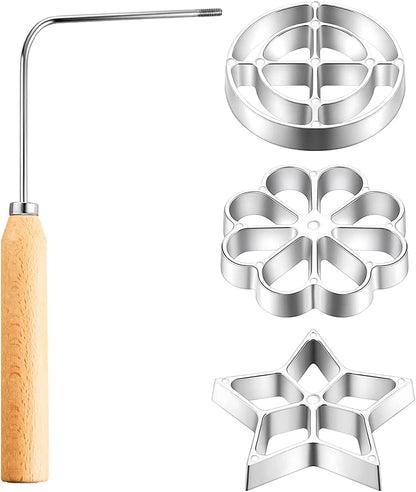 Bunuelos Mold with Handle, Aluminium Cast Waffle Molds Set for Rosette Cookies with 3 Interchangeable Heads