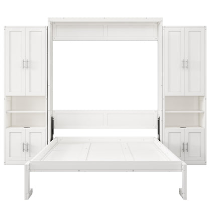 DNYN Queen Size Murphy Bed with Desk & Two Slide Storage Shelf for Small Space,Bedroom,Guest Room,Wooden Wall Bedframe w/Folding into Cabinet Design,Super Save Space & No Box Spring Needed, White