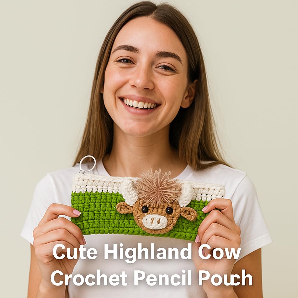 Highland Cow Crochet Kit for Beginners, Learn to Crochet Pencil Bag Starter Set with Video Tutorial & Crocheting Manual, Easy Yarn Knitting Kit for Adult, DIY Amigurumi Birthday Xmas Gift Idea