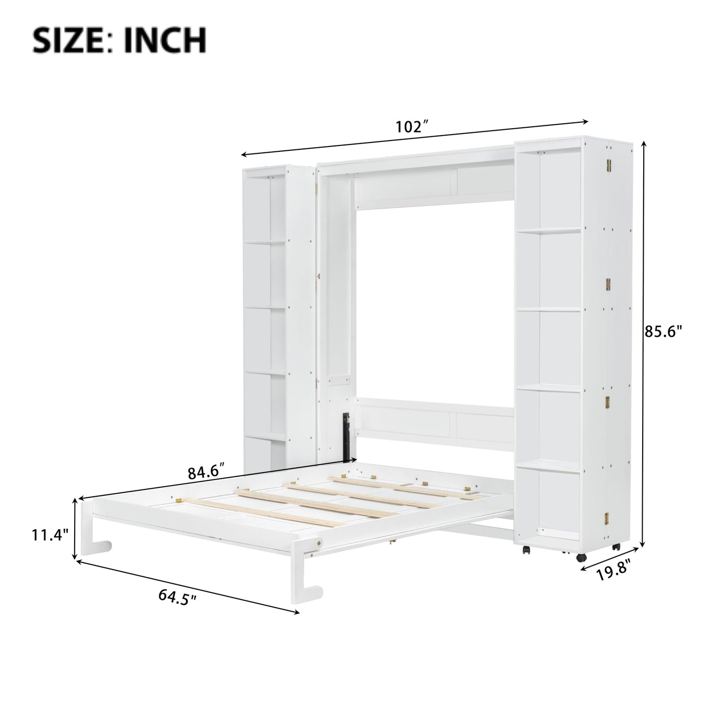 Merax Queen Size Murphy Bed with with 5-Tier Storage Shelves, Wooden Wall Bed Cabinet with Storage Doors, Foldable Platform Bedframe with Hydraulic Lift System for Guest Room and Bedroom