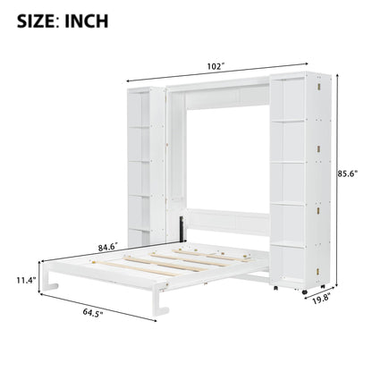 Merax Queen Size Murphy Bed with with 5-Tier Storage Shelves, Wooden Wall Bed Cabinet with Storage Doors, Foldable Platform Bedframe with Hydraulic Lift System for Guest Room and Bedroom