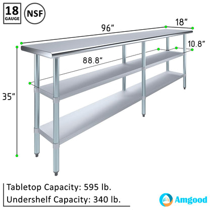 AmGood Stainless Steel Work Table with 2 Shelves | NSF | Metal Utility Table (96" Long x 18" Deep)