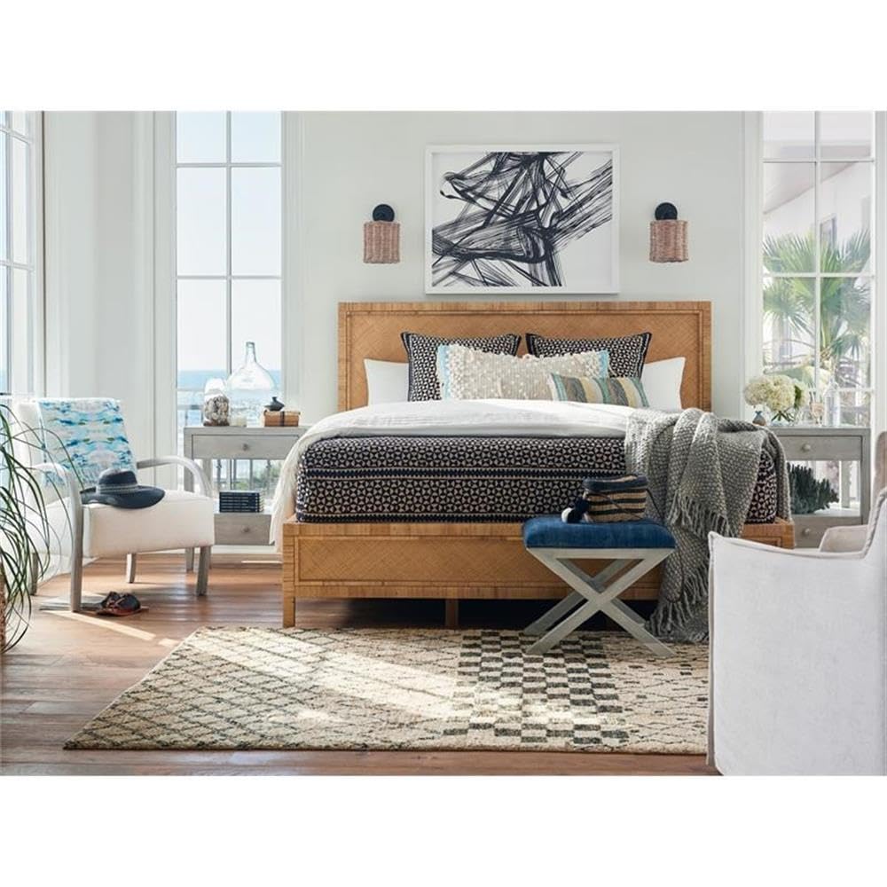 MAKLAINE Coastal King Bed, Wicker Rattan Frame, Mahogany Finish, Slat Kit Included, Natural Raffia Design, Beach-Inspired Bedroom Furniture