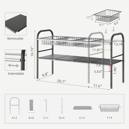 NETEL Under Sink Organizers and Storage, 2 Tier Expandable Under Cabinet Organizer Shelf with 4 Baskets and 4 Panels, Expandable Shelf for Cupboard, Kitchen, Bathroom, Shoe Storage Rack