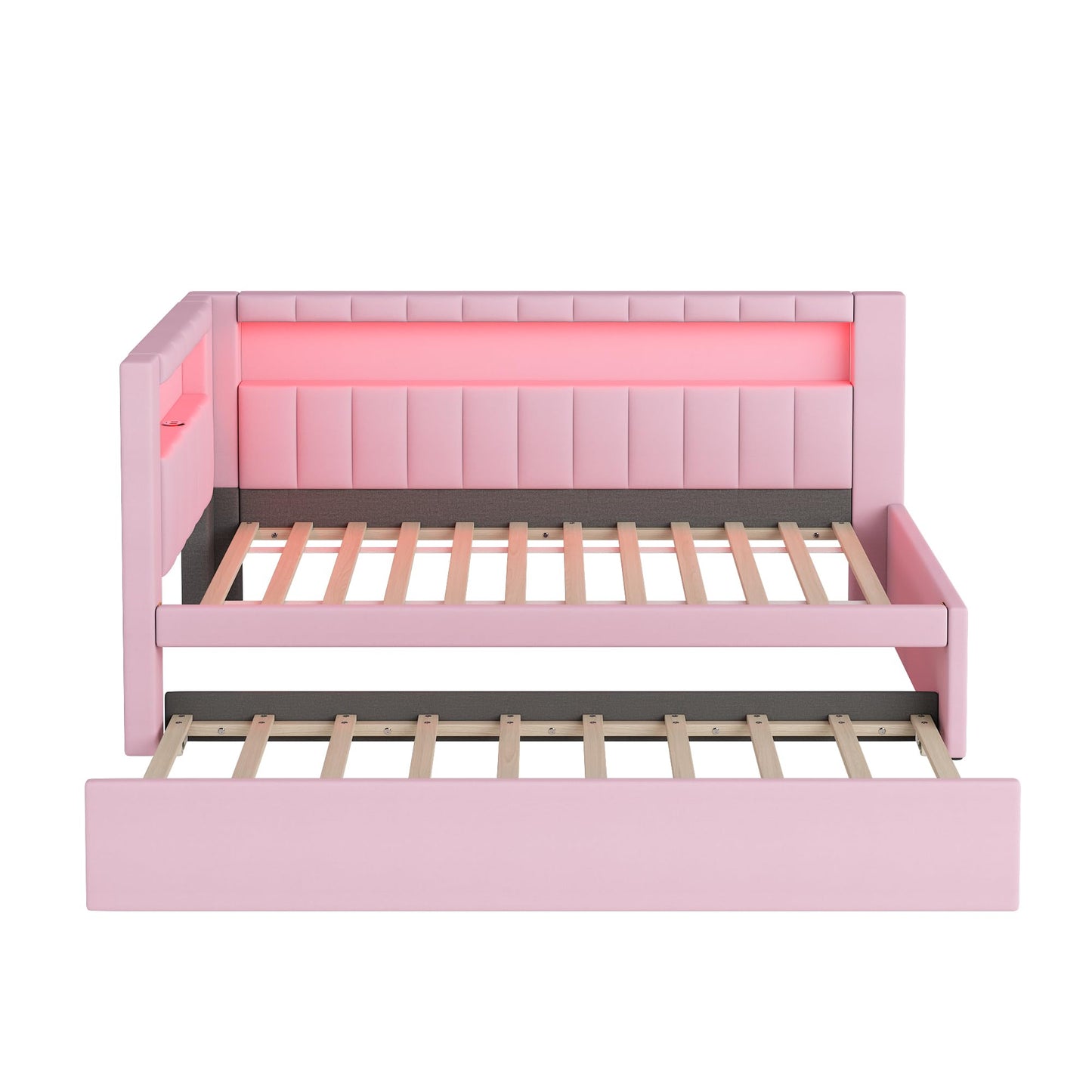 Bellemave Twin Size Upholstered Daybed with Trundle and USB/LED Belt, Corner Bed with Trundle. L-Shape daybed for Bedroom Living Room, Pink（Linen）