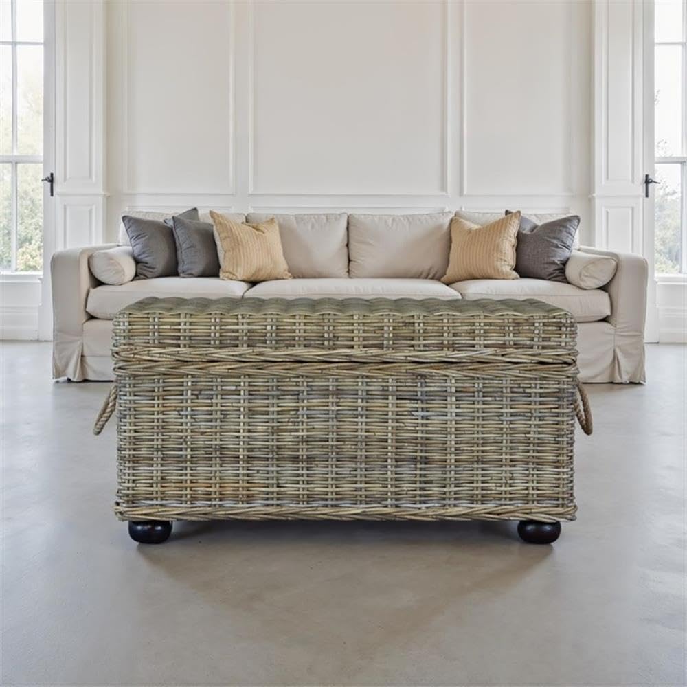 Bowery Hill Wicker & Rattan Storage Trunk, Handmade Solid Mahogany Wood Frame, Tan Finish, 42 in Wide, Lift-Top Spacious Compartment, Farmhouse Style Coffee Table or Storage for Living Room or Bedroom