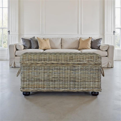 Bowery Hill Wicker & Rattan Storage Trunk, Handmade Solid Mahogany Wood Frame, Tan Finish, 42 in Wide, Lift-Top Spacious Compartment, Farmhouse Style Coffee Table or Storage for Living Room or Bedroom