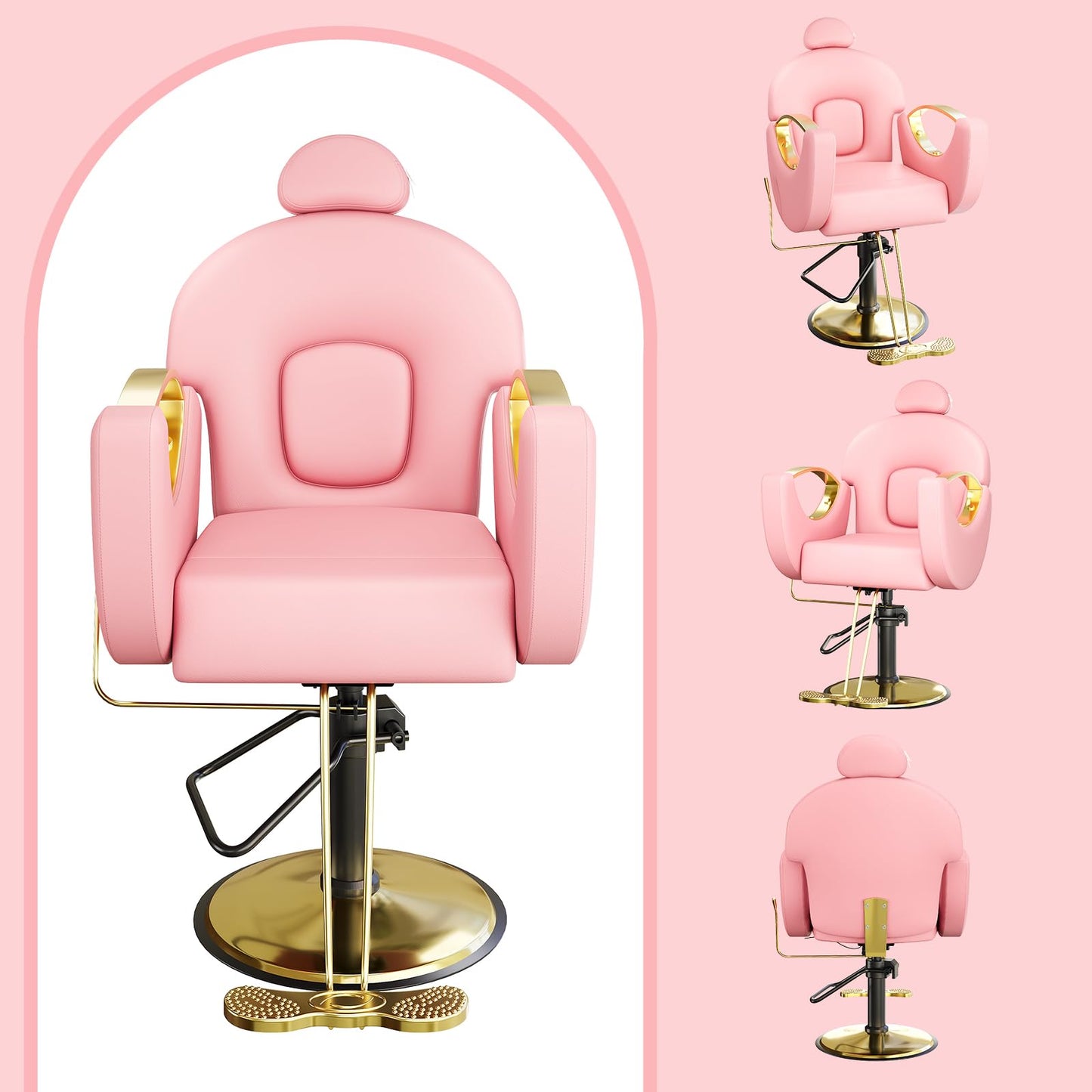 Professional Reclining Salon Barber Chair with Heavy-Duty Pump, Height-Adjustable & 360° Swivel Styling Chair, 330 LBS Capacity, Comfortable High-Density Cushion for Spas, Tattoo Studios, Pink & Gold