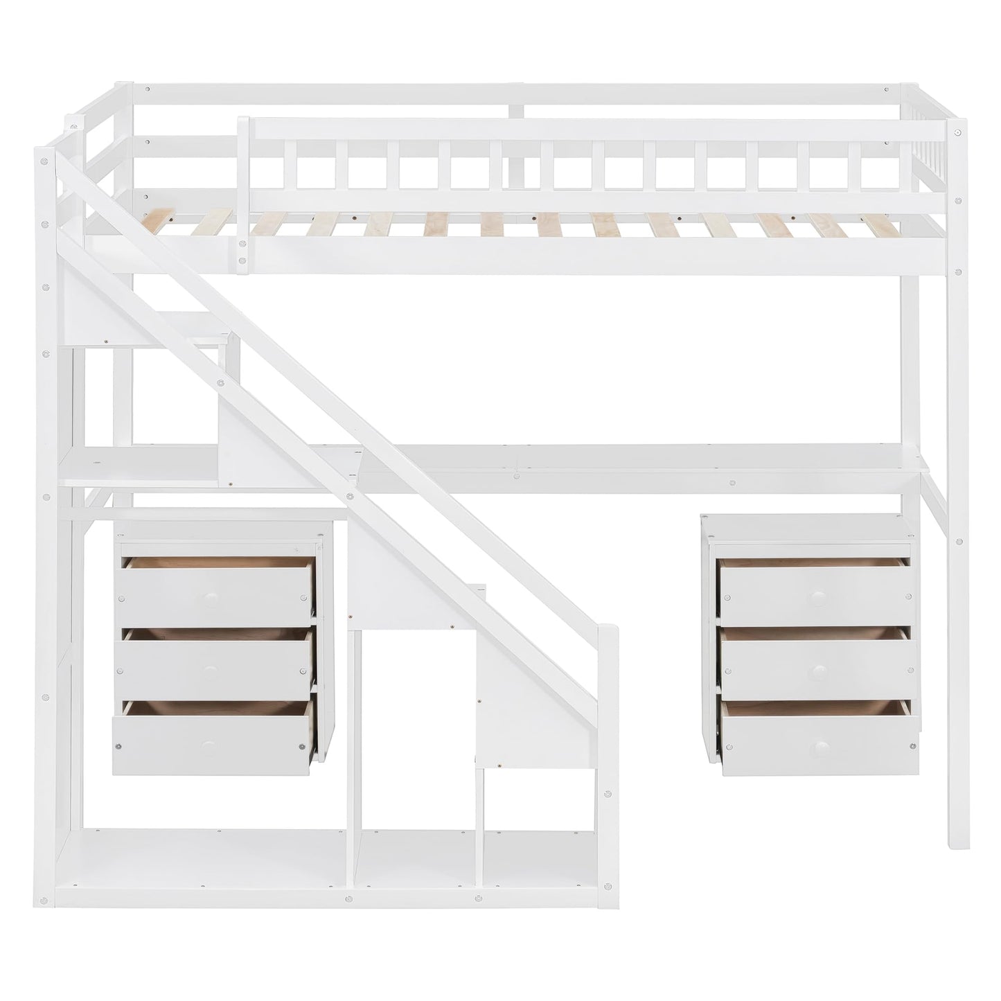 Bellemave Twin Loft Bed with Stairs and Shelves, Wood Loft Bed with Two Chest of Drawers, Wardrobe, LED for Kids, Teens, Adults, White