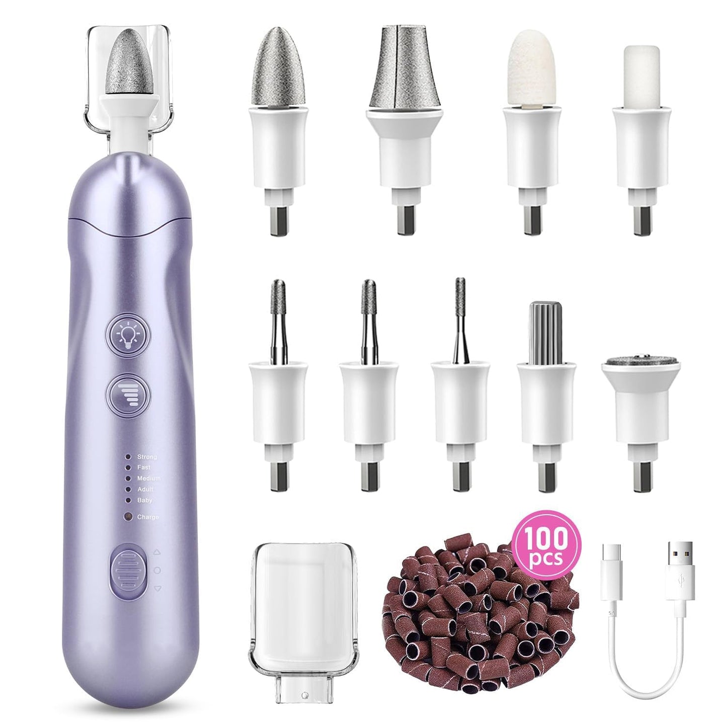 Professional Manicure Pedicure Kit, 9 in 1 Cordless Nail Drill with 100 pcs Nail Drill Bits Sanding Bands, Nail Grinder for Human, 5 Speeds, Nail Dremel Kit for Home and Salon Use