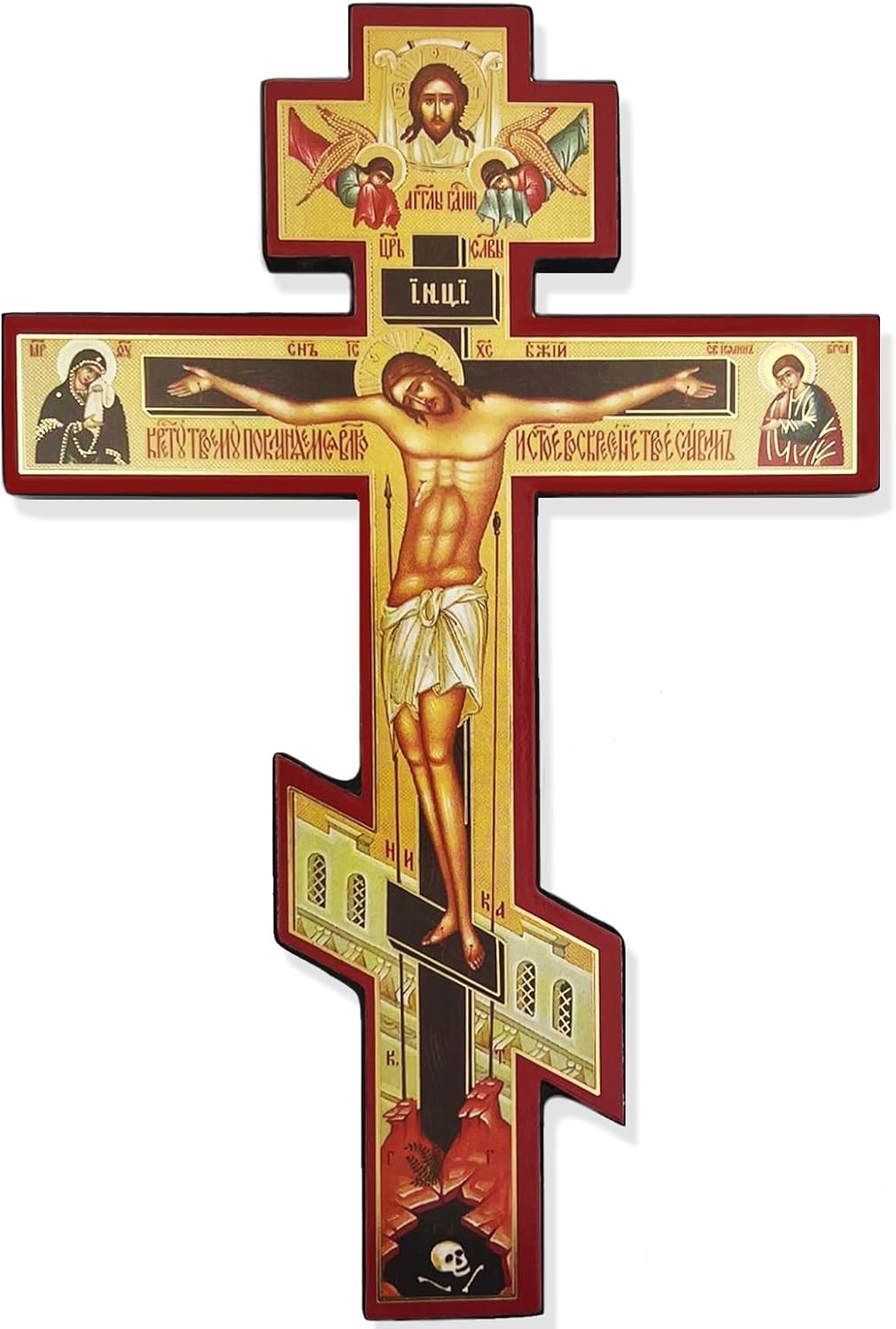 Wooden Wall Crucifix Religious Gifts - Three Bar Orthodox Cross with Prayer, 6 Inch, Save Us