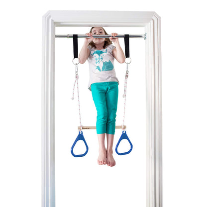 DreamGYM Doorway Swing for Kids Indoor - Trapeze Bar and Blue Gymnastic Rings Combo