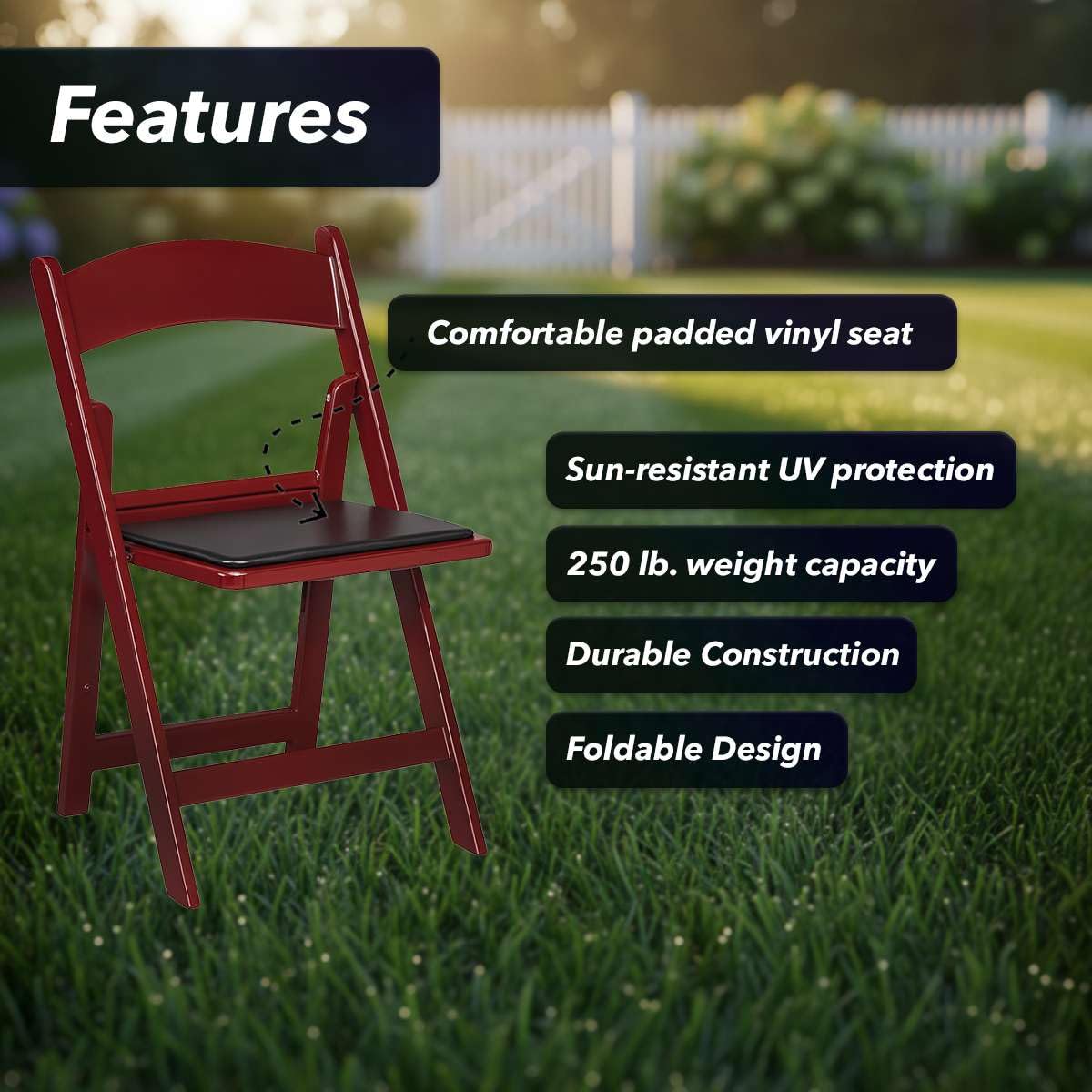 Zedfire Set of 8, Mahogany Resin Folding Chairs with Vinyl Seat, Commercial Event Chairs, Foldable Chair for for Party, Wedding, Picnic, Indoor/Outdoor use