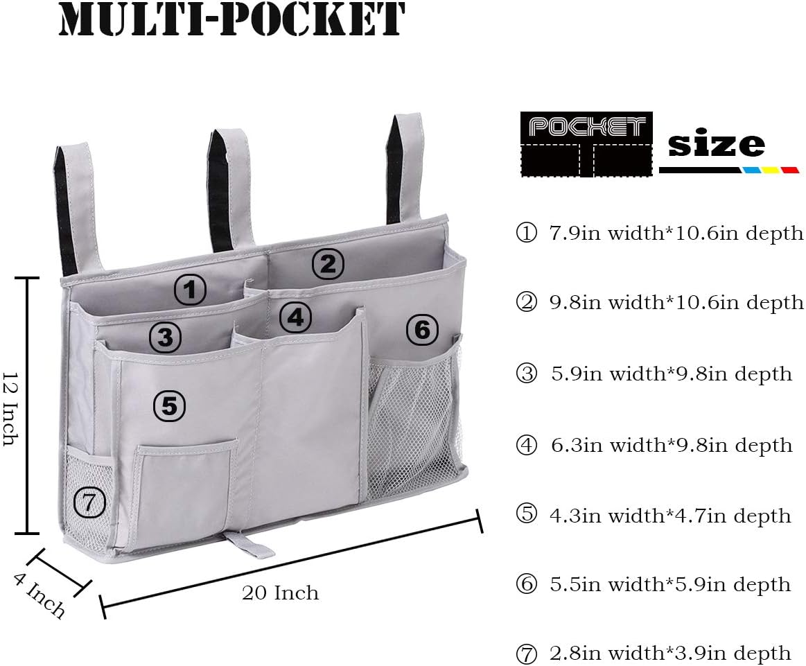 Bedside Caddy, Hanging Under Bed Storage Organizer Bag with 8 Pockets for College Dorm Rooms and Hospital Bed Rails