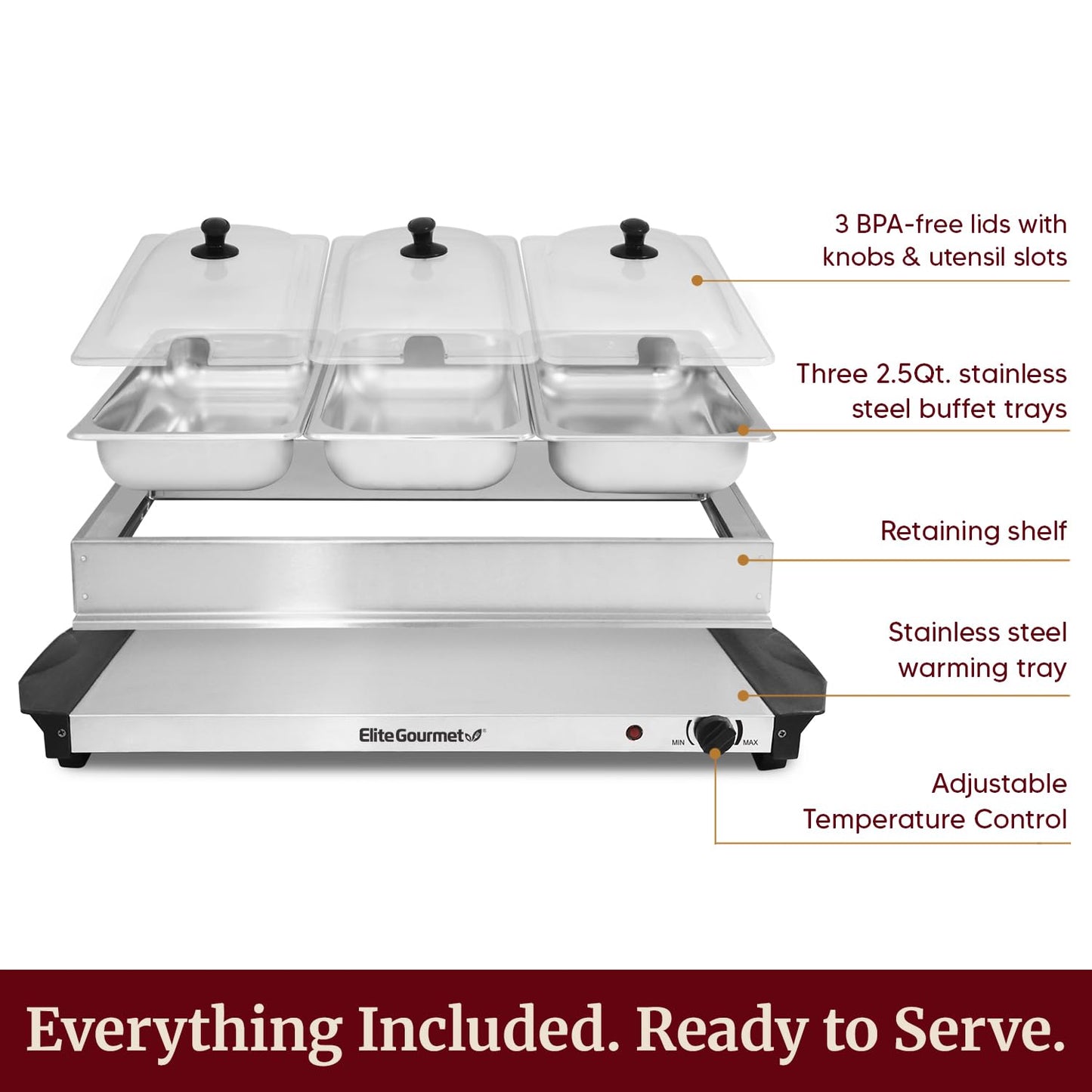 Elite Gourmet EWM-6171 Triple 3 x 2.5 Qt. Trays, Buffet Server, Food Warmer Temperature Control, Clear Slotted Lids, Perfect for Parties, Entertaining & Holidays, 7.5 Qt Total, Stainless Steel