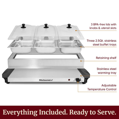 Elite Gourmet EWM-6171 Triple 3 x 2.5 Qt. Trays, Buffet Server, Food Warmer Temperature Control, Clear Slotted Lids, Perfect for Parties, Entertaining & Holidays, 7.5 Qt Total, Stainless Steel