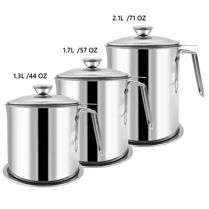 Zalaxt Bacon Grease Container With Strainer, 2.1L Grease Strainer and Container with Dust-Proof Lid, 304 Stainless Steel Oil Filter Storage with Fine Mesh 2.1L