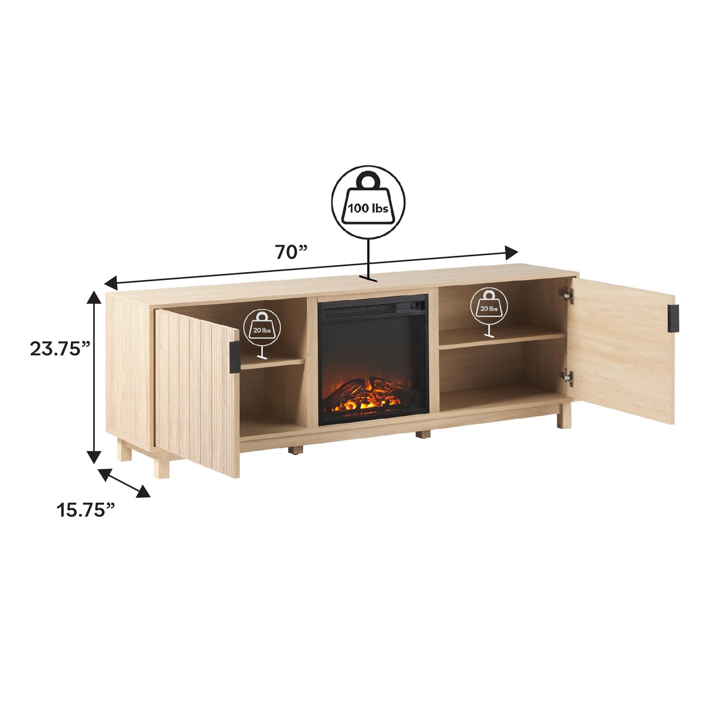 Walker Edison Arundo Reeded TV Stand with Fireplace & Storage, 70" Fireplace, Coastal Oak