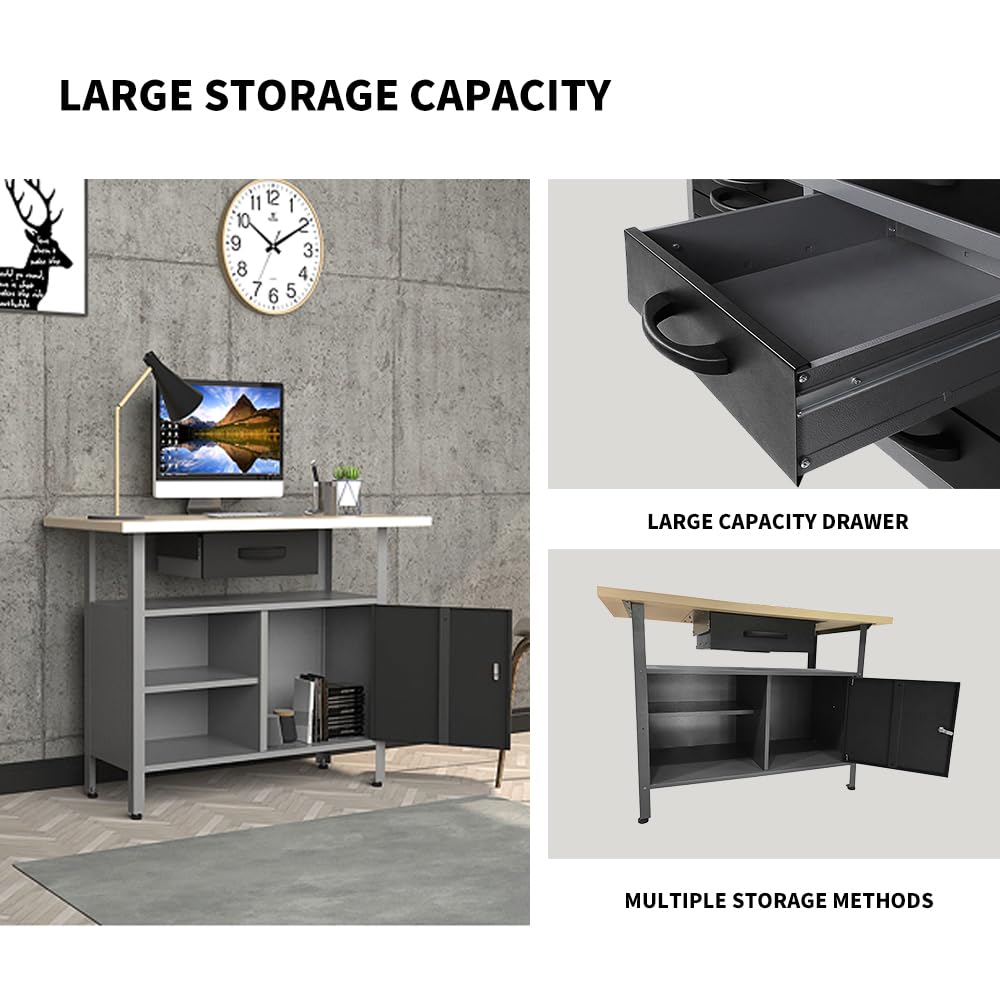 JZD Metal Workbench Table with Drawer & Lockable Cabinet, Office Desk with Wood Worktop for Garage Factory Workshop Home