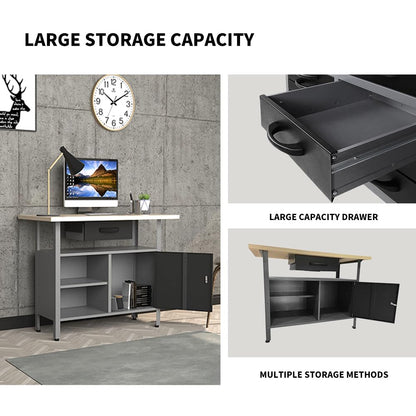 JZD Metal Workbench Table with Drawer & Lockable Cabinet, Office Desk with Wood Worktop for Garage Factory Workshop Home