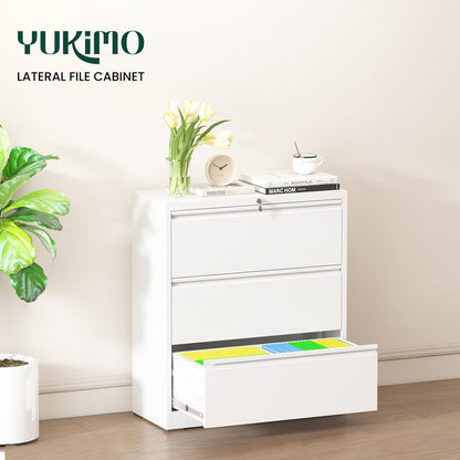 3 Drawer Lateral File Cabinet with Lock, Metal File Cabinets for Home Office, Office Furniture for Organization Hanging Legal/Letter/A4, Metal Filing Cabinet Storage Cabinet, Require Assembly, White