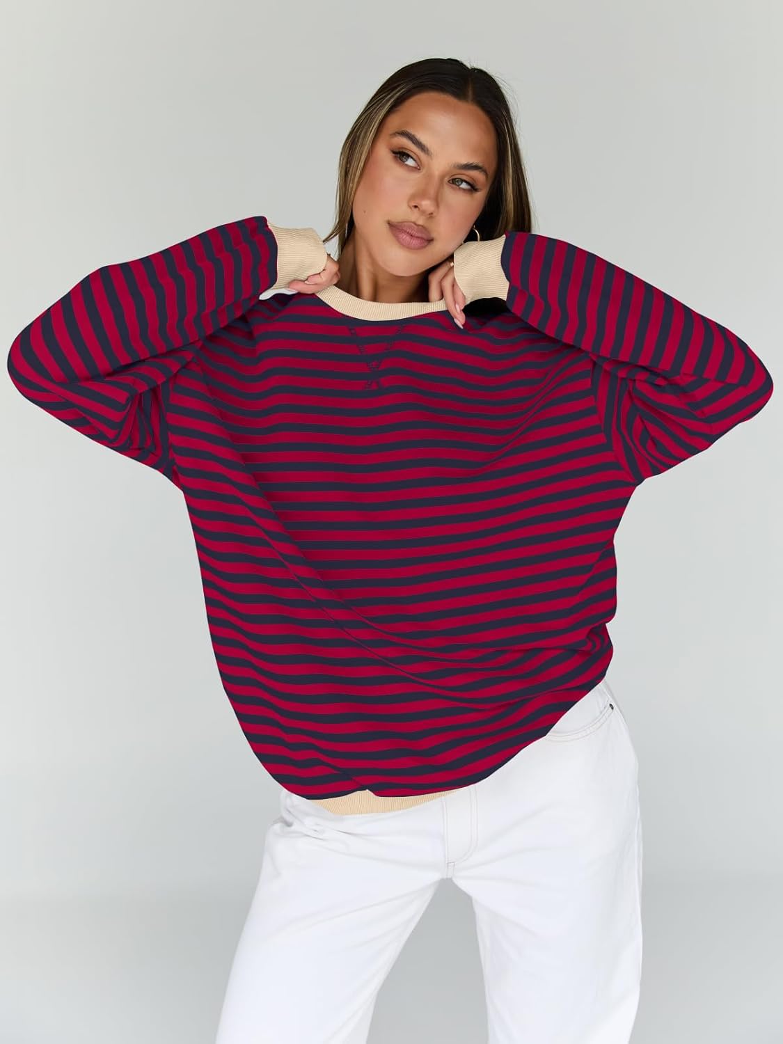 Trendy Queen Oversized Sweatshirt for Women 2025 Fall Crewneck Striped Long Sleeve Shirts Hoodies Cute Top Y2K Outfits