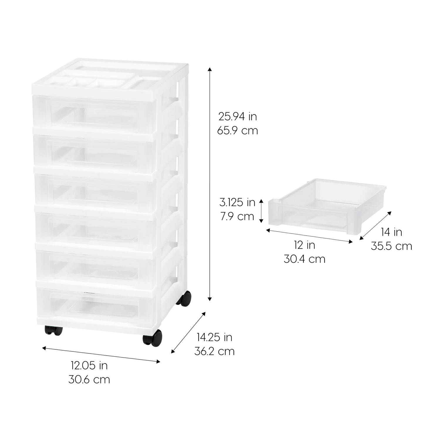 IRIS USA Plastic Drawer Storage Organizer Rolling Cart, with Wheels Casters, 6-Drawers, for Classroom Art Craft Supplies Dresser Closet Bathroom Laundry Room, White/Clear