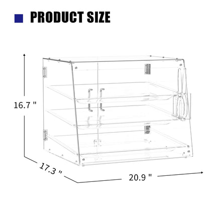 2PCS 20.9”W x 17.3”D x 16.7”H ,3-Tray Bakery Display Case, Acrylic Clear Display Case Countertop for Bread Pastry Dessert Food Cookie Display, Display Cabinet Box for Baking Enthusiasts