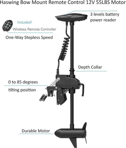 AQUOS Haswing CaymanT Transom Trolling Motor with Wireless Remote & Wireless Foot Control- 55 Lb. Thrust, 39 in. Shaft, Saltwater & Freshwater