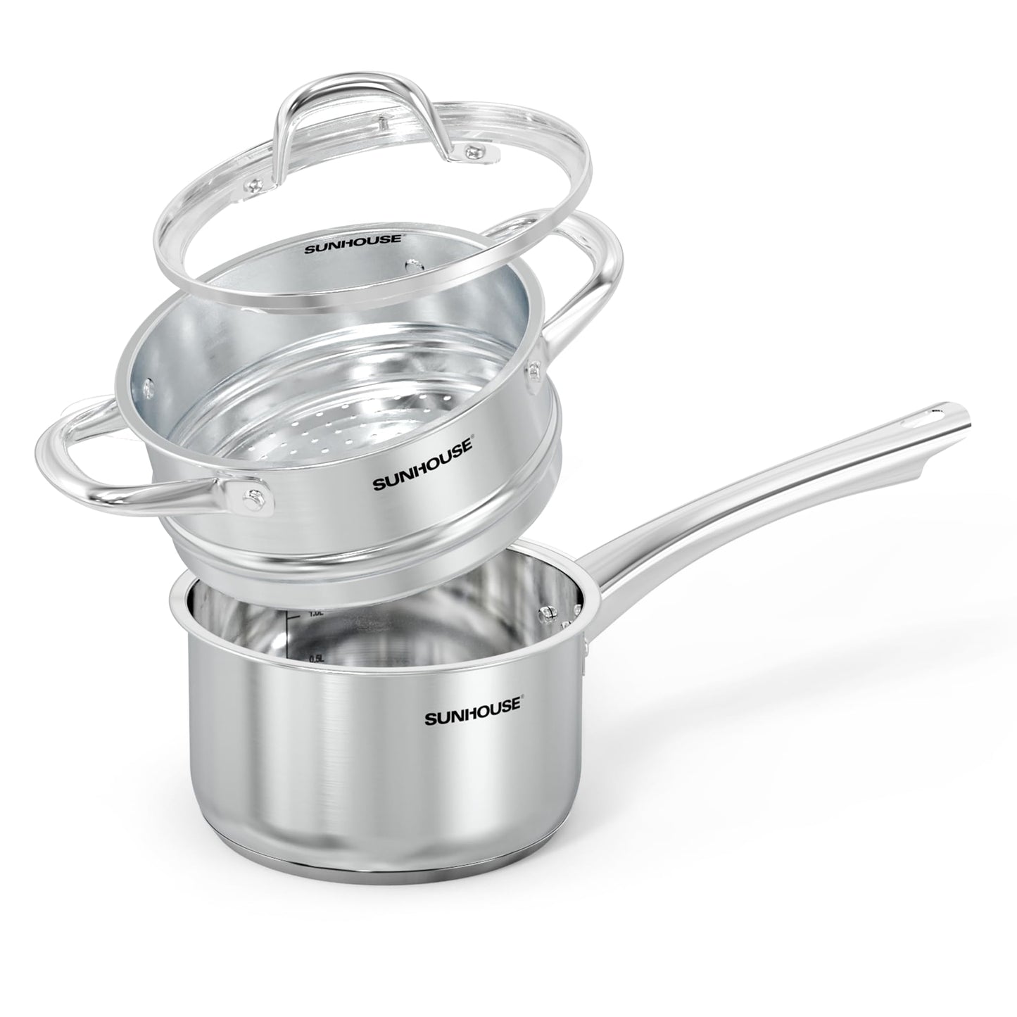 SUNHOUSE Stainless Steel Sauce Pan with Lid - Tri-Ply 2 Quarts Steamer for Cooking, Small Cooking Pot with Steamer Basket, Induction Compatible Steam Pot for Vegetable