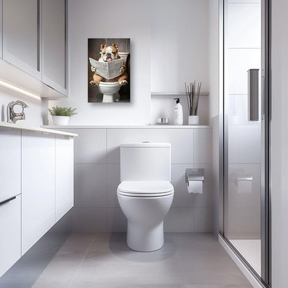 CCWACPP Bulldog Bathroom Wall Art - Funny Animal Canvas Print Reading Newspaper | Framed 12" x 18"