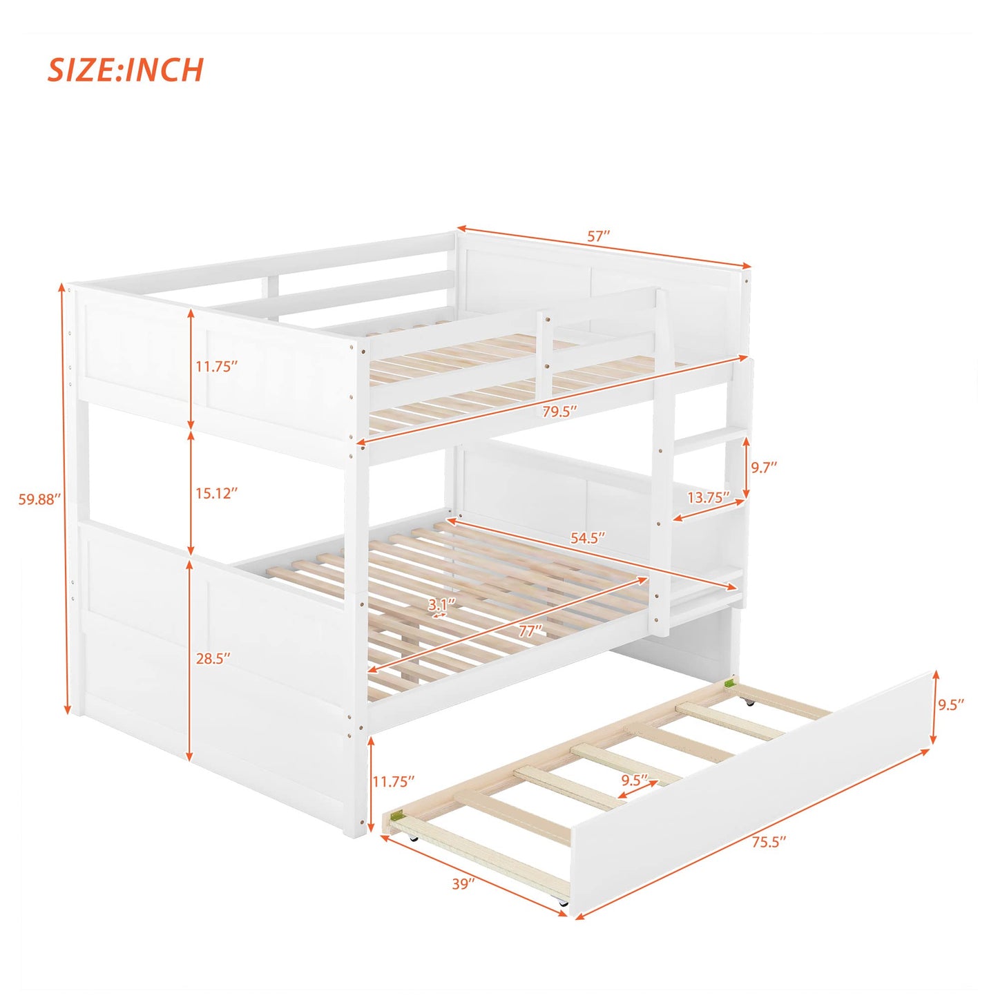 Full Over Full Bunk Bed with Trundle, Wooden Trundle Bed Frame with Ladder Safety Guardrail, Convertible to 2 Platform Beds for Kids Teens, White