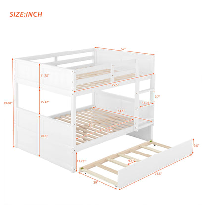 Full Over Full Bunk Bed with Trundle, Wooden Trundle Bed Frame with Ladder Safety Guardrail, Convertible to 2 Platform Beds for Kids Teens, White