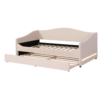 Merax Twin Size Upholstered Daybed with Light and Trundle, Beige Teddy Fleece Sofa Bed Modern Wooden Platform Bed Frame for Bedroom, Living Room, Guest Room, Apartment