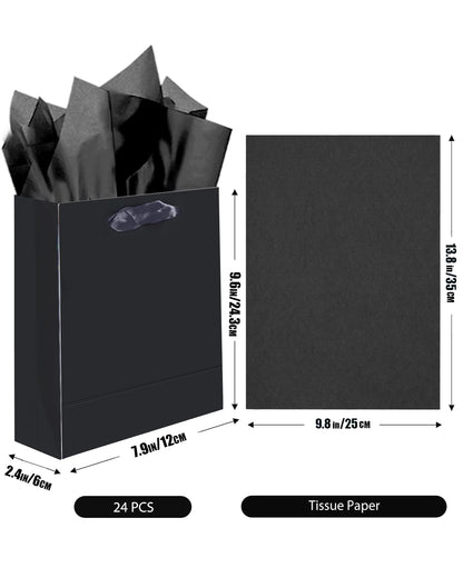 qiqee 24pcs Black Gift Bags with Tissue Paper for Wedding, Birthday, Party Supplies-7.9"x4.3"x9.6" Medium Size Cardboard Gift Bags（24pcs Bags + Tissue Paper ）
