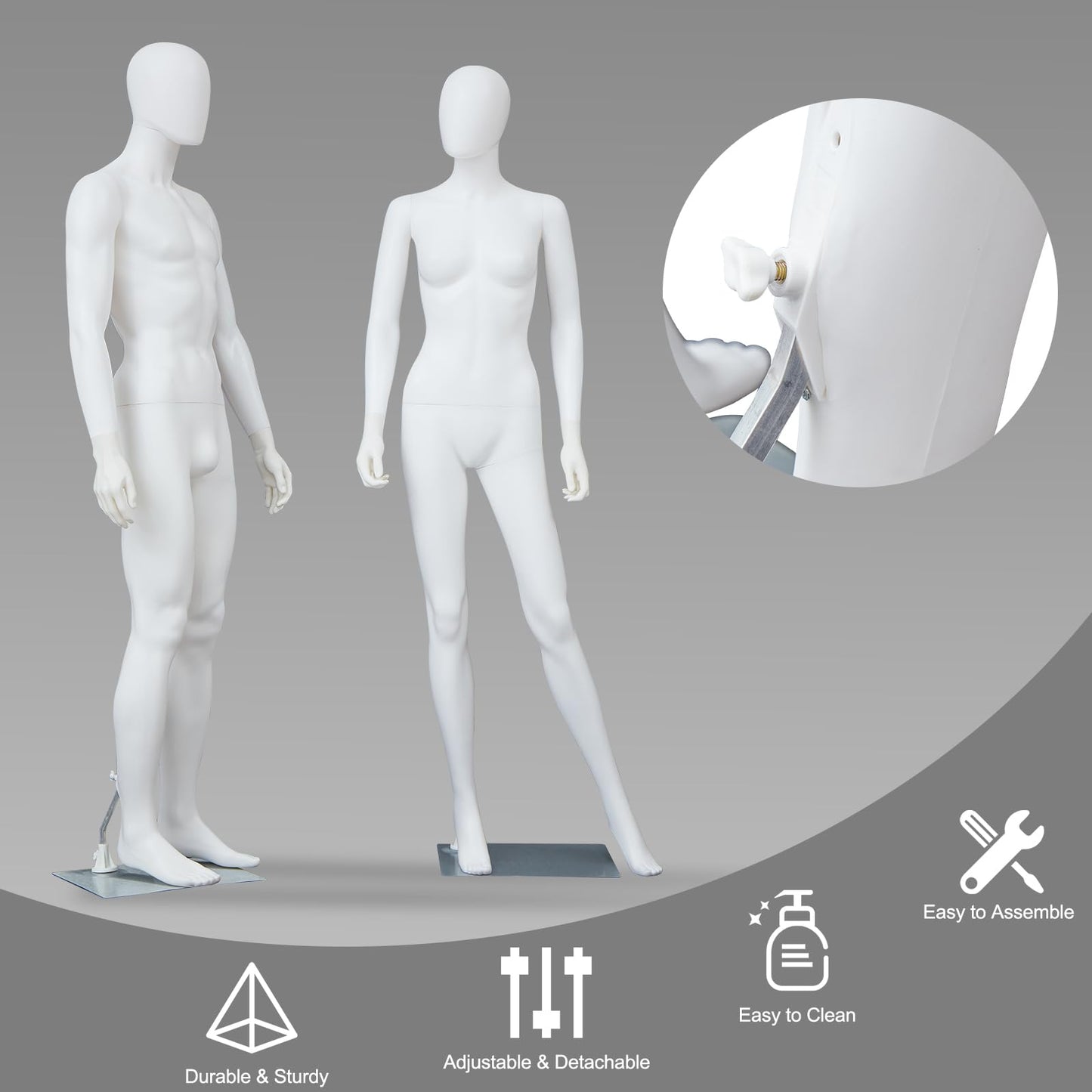 Kinfant Male and Female Mannequin Set - 6Ft Full Body Male and Female Detachable Mannequin with Stand for Clothing Shops, Clothing Design(White)