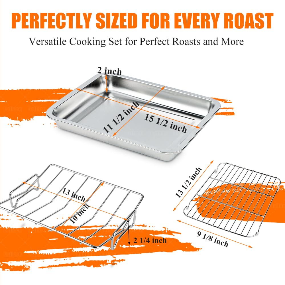 15.5 Inch Turkey Roasting Pan with V-Rack, Stainless Steel Turkey Roaster Pan for Ovens, with V & Flat Rack Meat Claws Brush, Deep Broiling Pan for Turkey Chicken Ham