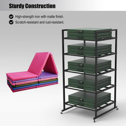 KOMFGT Folding Gymnastics Tumbling Mat Storage Rack, Indoor Outdoor Free Standing Black Metal Organize Holder for 5 Foldable Kneeling/Seat Cushion, Rolling Yoga Mats Display Rack for Gym Home Workout