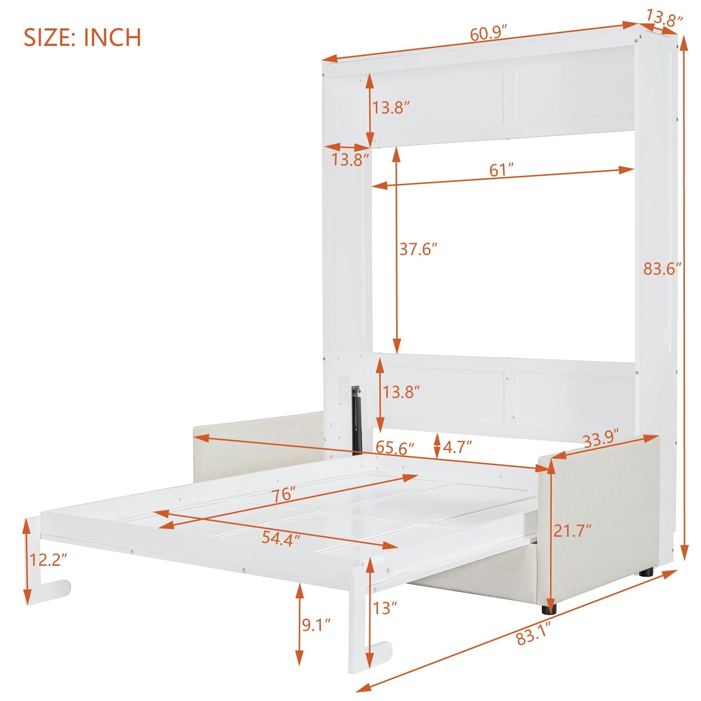 Ball & Cast Murphy Bed Full Size W/ 2 Seat Sofa,Murphy Bed Cabinet W/Cushion,Hideaway Bed W/Support Leg & Handles,for Bedroom Office Guest Room,White