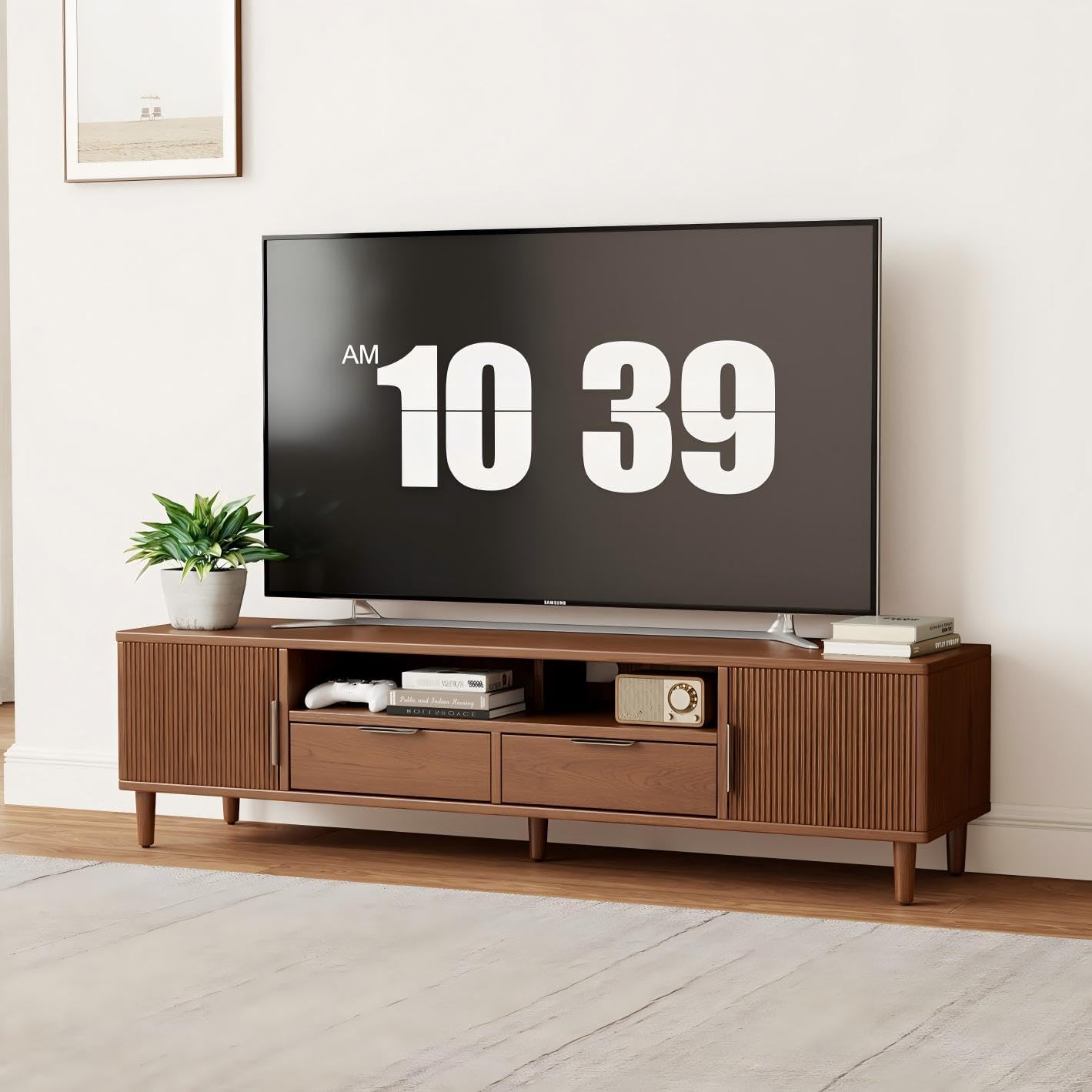 CycleCrew Mid Century Modern TV Stand for TVs Up to 70 in- Wooden Fluted Entertainment Center Low Profile TV Console with 2 Cabinet, Drawers and Shelf, Media Console for Living Room