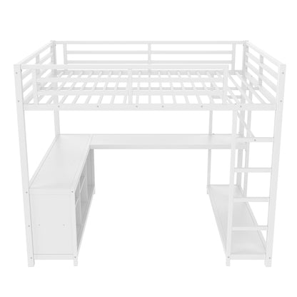 Bellemave Queen Size Loft Bed with Desk & Clothes Rack, All-in-One Heavy Duty Metal Loft Bed Frame with Storage Cube & Shelf, Space Saving Loft Bed Queen Size for Adult, Teen, Kids, Apartment, White
