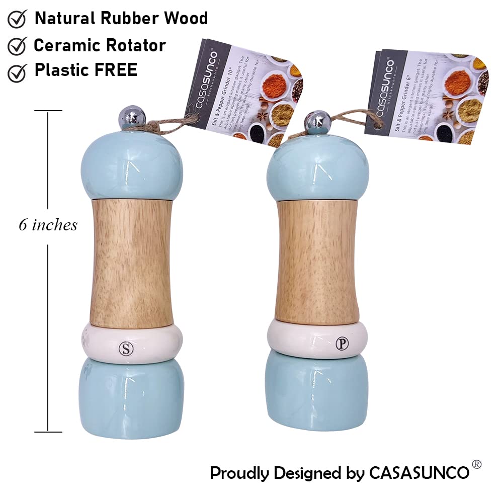 CASASUNCO Manual Salt and Pepper Grinder Set Salt & Pepper Mill Sets Wooden Salt Pepper Grinder Set Salt & Pepper Shakers Gift Set- Customized Coarseness - Ceramic Core - Blue (Set of 2, 6")